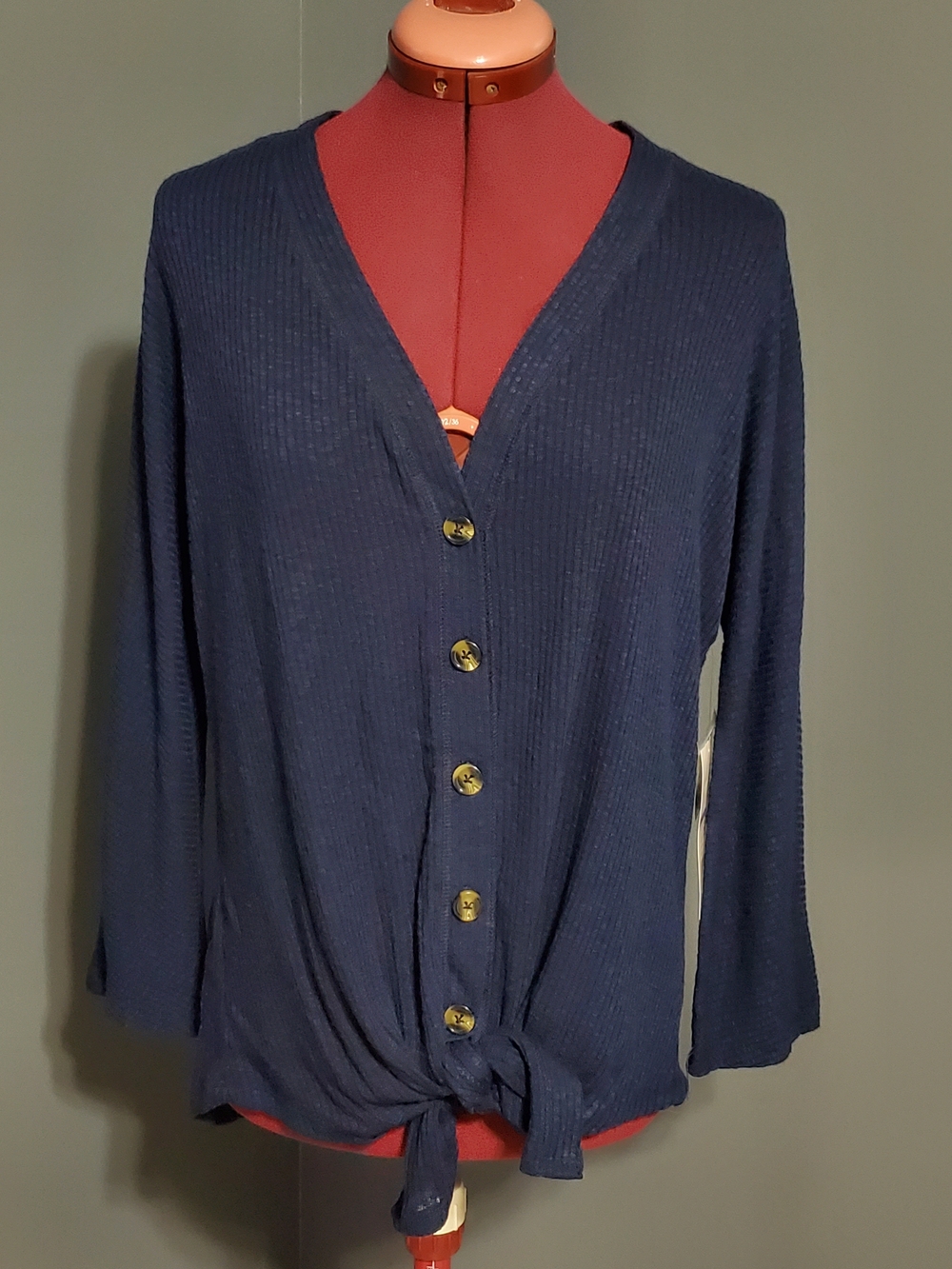 NWT New Directions Women's Navy V-Neck Button-Front Tie-Hem Cardigan Sweater Med